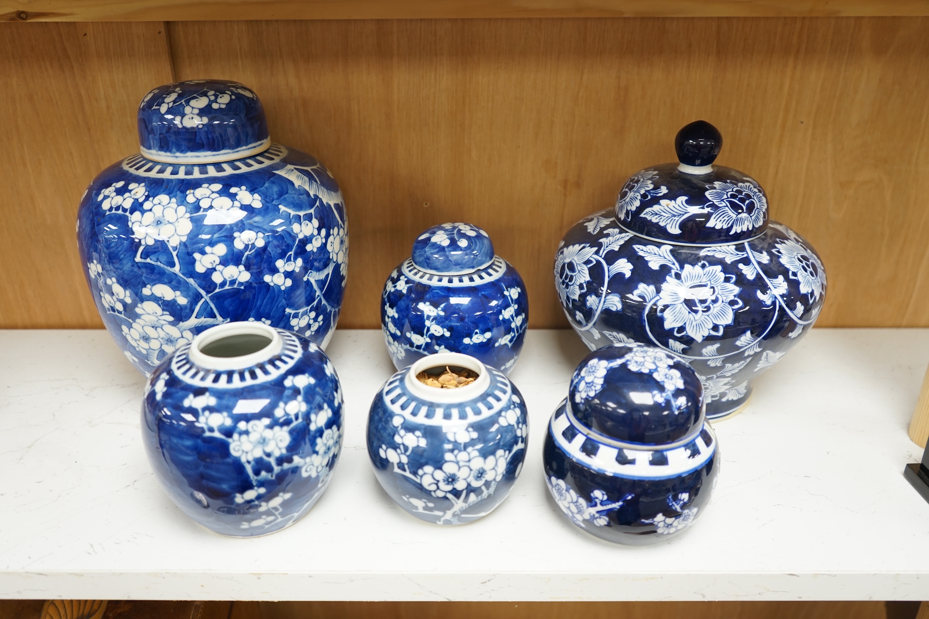 Six various Chinese prunus pattern blue and white jars, tallest 26cm. Condition - varies